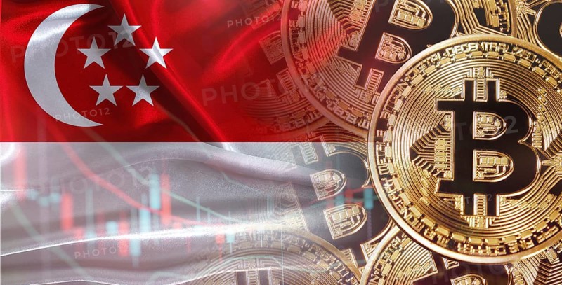 Bitcoin cryptocurrency with Singapore flag, Investors in Blockchain Technology. Singaporean flag with Bitcoins in the background