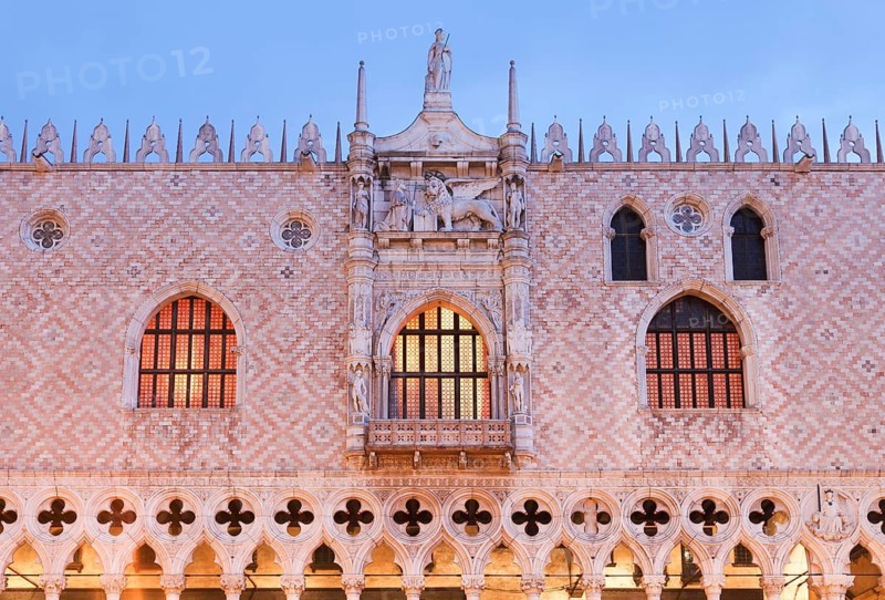 West façade of the Gothic Doge's Palace in the evening, Venice, Veneto, Italy