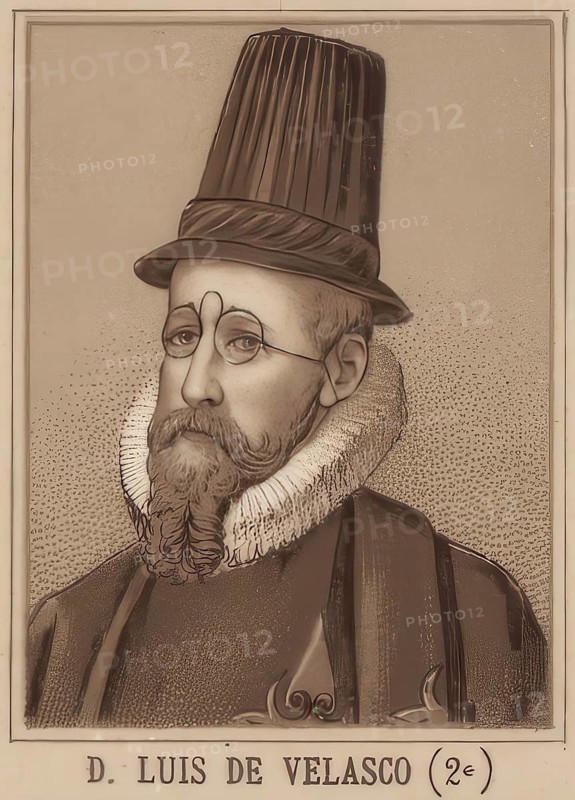 Luis de Velasco y Castilla, marques de Salinas, (* 1539 in Carrion de los Condes, Spain, died 1617 in Seville) was a Spanish diplomat and officer who served as Viceroy of New Spain and Peru, school picture, authentic reproduction of a school mural, around 1900, exact date unknown, Historical