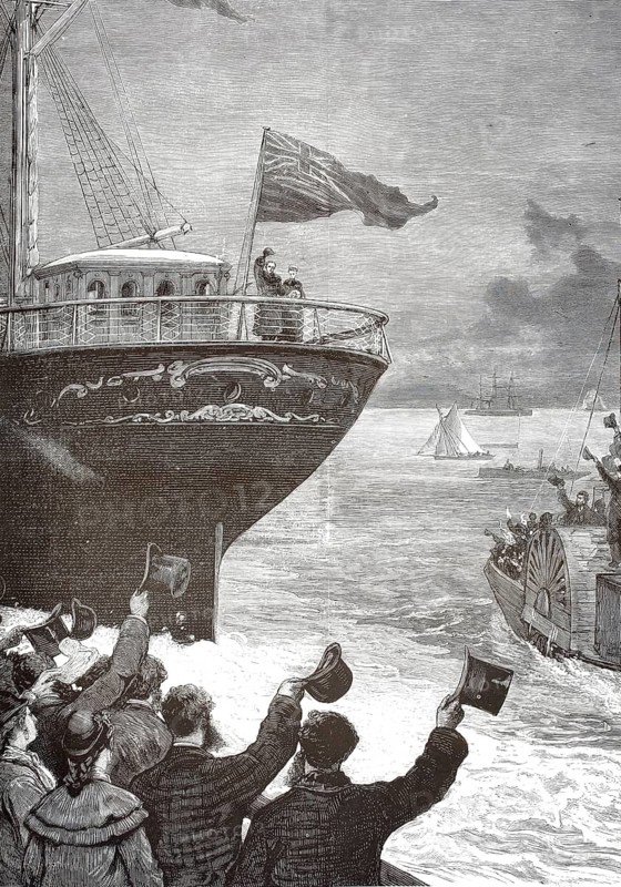 Departure of the Marquis of Lorne and Princess Louise for Canada in November 1878. On November 14, 1878, John Campbell, the Marquis of Lorne, and his woman, Princess Louise, left the port of Liverpool aboard the steamship Sarmatian, illustration, reproduction from a 19th-century model. Authentic, file restored for optimal use, exact date of submission unknown, historical