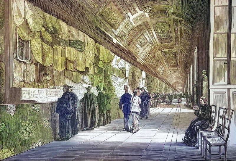 Exhibition of gifts for Pope Pius IX in the Vatican in 1877. Presentation of the countless artistic gifts Pope Pius IX received from believers from all over the world on the occasion of his 50th episcopal anniversary in 1877. The left side of the wall is almost completely covered with huge, artfully patterned carpets, precious fabrics and wall hangings, which are displayed in front of visitors. In the foreground, clerics and fine society in contemporary clothing from the late 19th century look at the exhibits, reproduced from a model from the 19th century. Authentic, file restored for optimal use, exact date of original unknown, nostalgically colored