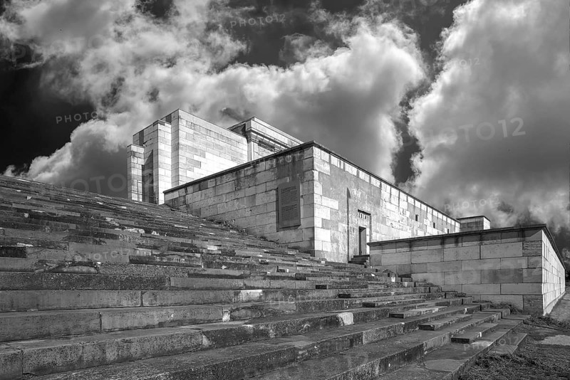 National Socialist Zeppelin main stand on the former Reichsparteitag grounds, 1933—1945, cloudy sky, black and white, Nuremberg, Middle Franconia Bavaria, Germany