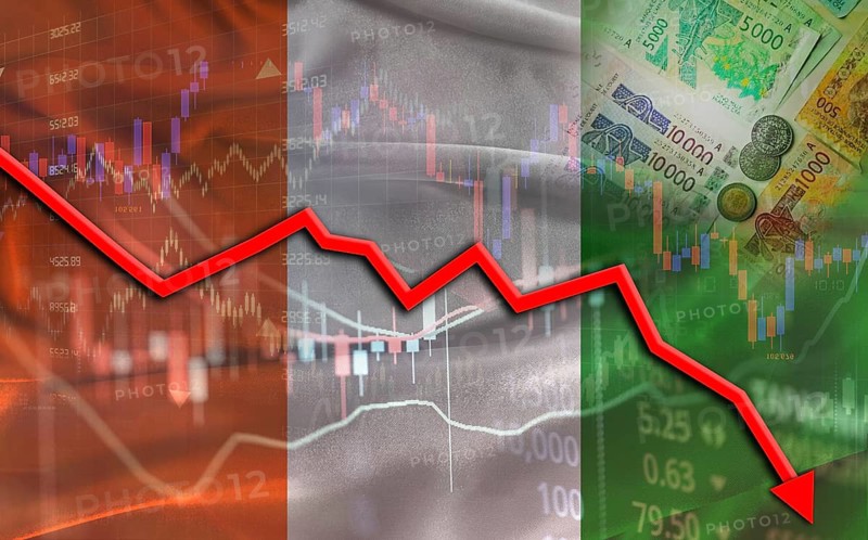 Ivory Coast financial fall on economy market. Ivorian financial crisis on economic graph