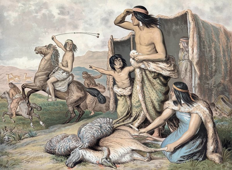Local Tehuelche Patagonians hunting guanaco in the 19th century. Scene illustrates the use of bolas, projectiles, and horses to hunt guanacos, a woman kneels on the ground and dismantles a killed guanaco, Patagonia, Tierra del Fuego, Argentina, school picture, illustration, reproduction from a model from the 19th school painting, mural, authentic, file restored for optimal use, exact date of original unknown, historical