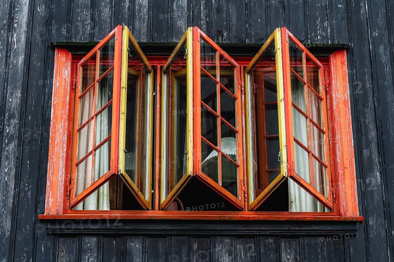 Red windows of a grass house, Streymoy, Faroe Islands