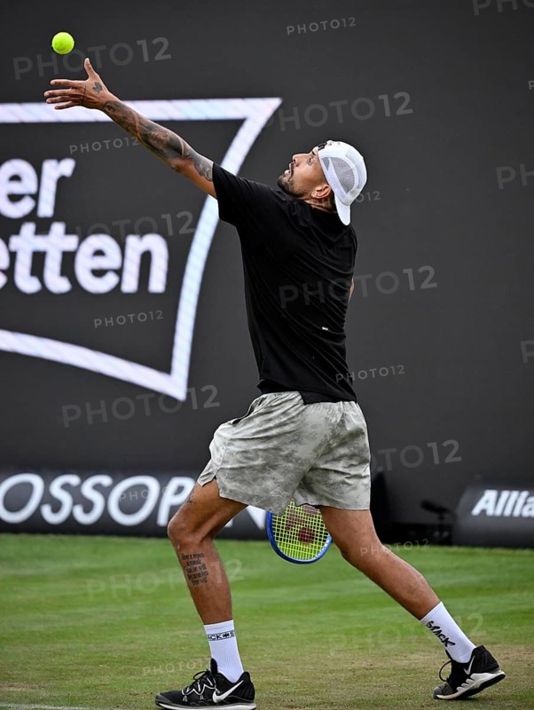 Nick Kyrgios (AUS) in action during a service game at the BOSS Open 2026, ATP 250 tennis tournament, a grass-court event in Stuttgart, Baden-Württemberg, Germany