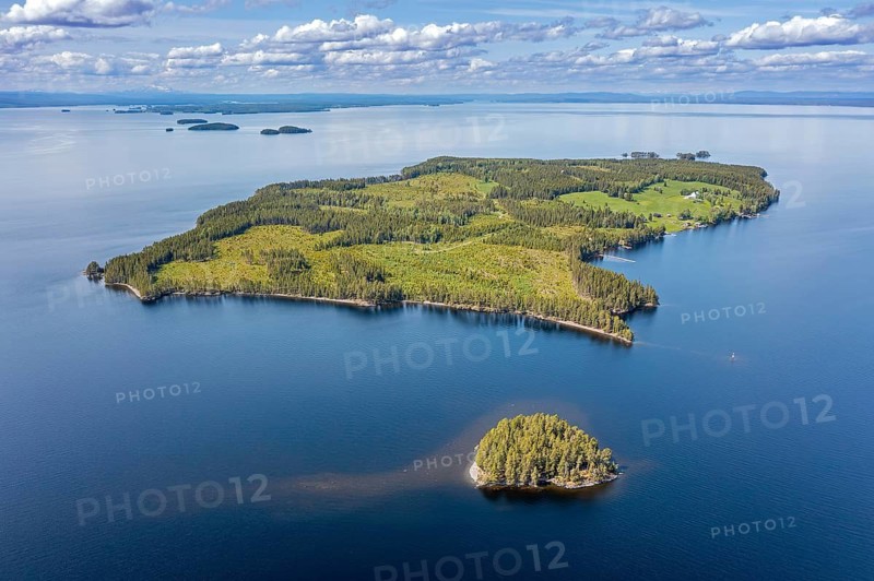 Aerial view over Verkön, island in Lake Storsjön in the Norderö district, Jämtland, Sweden, Scandinavia
