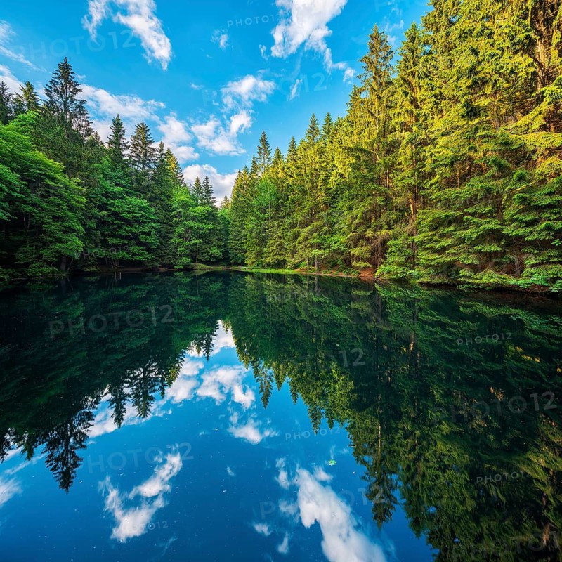 Spruce forest is reflected in the Pfanntalteich in the Thuringian Forest under a blue sky with white clouds, Oberhof, Thuringia, Germany