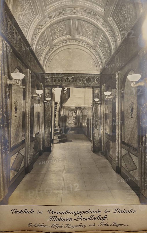 Daimler Motoren Gesellschaft administration building, architecture, Alfred Klingenberg, Fritz Bayer, Art Nouveau interior of an administration building with decorated walls and a staircase, Friedrichstraße, Berlin, around 1910, Emil Leitner