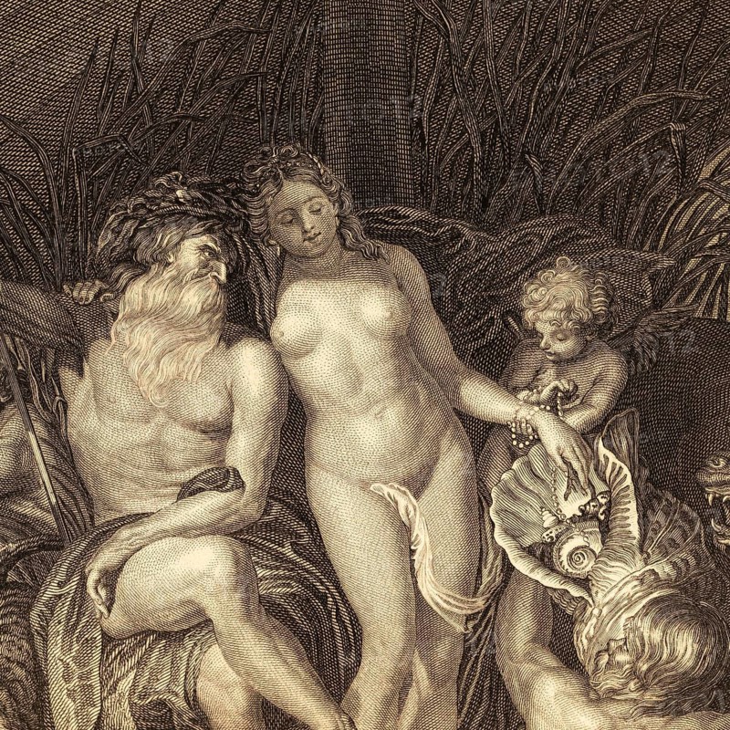Detail from the painting Neptune and Amphitrite by Peter Paul Rubens, Baroque, Baroque painting, Flemish painting, mythology, Greek mythology, Roman mythology, Neptune, Poseidon, Amphitrite, sea god, world of gods, allegory, sea, ocean, waves, trident, dolphins, tridents, Nereids, mythological scene, figure painting, history painting, oil painting, 17th century, Antwerp, art history, masterpiece, shell, nudity, reeds, cloth, historical illustration 1854