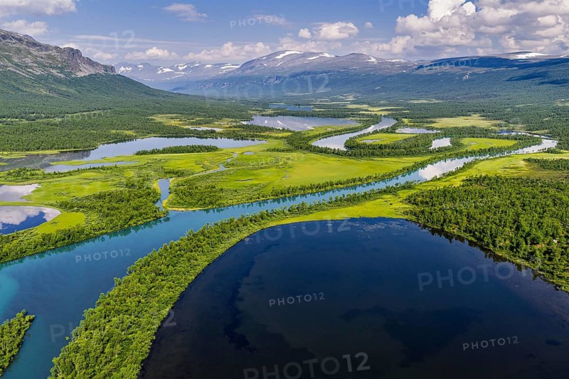 Aerial view of river Vistasjohka, branching river arms, turquoise colored river, Vistasvagge valley, Nikkaluokta, Norrland, Sweden