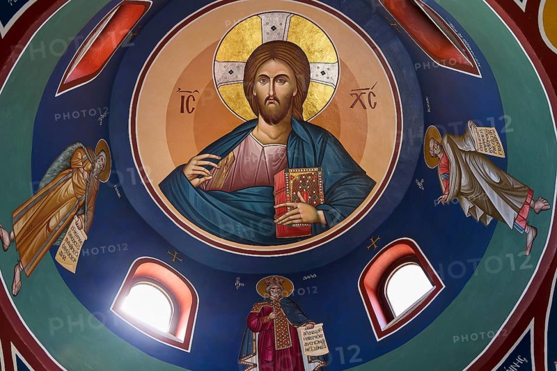 Large icon image of Christ in a painted dome ceiling, monastery, Moni Odigitrias, southern Crete, located north of the Asterousia mountain range, built like a fortress, place of resistance against the Ottomans, central south, Crete, Greek islands, Greece