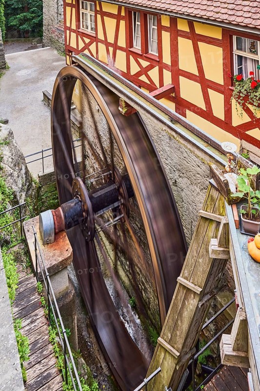 Schlossmühle, watermill, historic water wheel, old town, half-timbered house, motion blur, elevated perspective, diffused light, climbing road, Meersburg, Lake Constance district, Baden-Württemberg, Germany