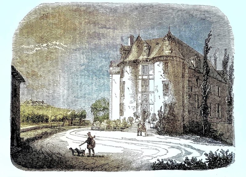 Chateau de Chateaumorand, also Chateau-Morand, historic country castle in France, department of Loire, around 1860, illustration, reproduction from a model from the 19th century. Authentic, file restored for optimal use, exact date of original unknown, historical, colored
