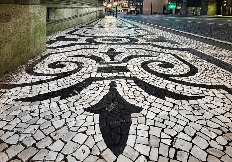 Black and white paving, Calçada Portugesa, traditional limestone and basalt mosaic paving, identity-creating cultural heritage, Porto, Portugal