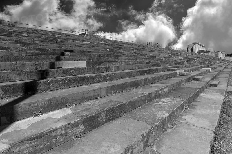 Steps with the Zeppelin main stand, at the former National Socialist staging ground on the Reich Party Rally grounds, cloudy sky, black and white, Nuremberg, Middle Franconia, Bavaria, Germany
