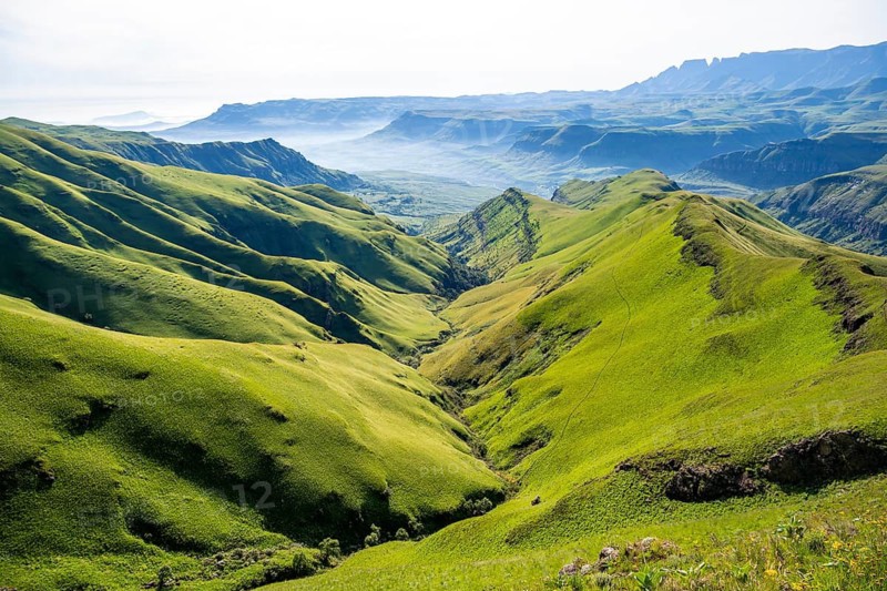 Green meadows and mountain valley, cathedral range mountain landscape, Drakensberg Mountains, KwaZulu-Natal, South Africa
