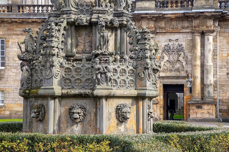 Courtyard fountain at Palace of Holyroodhouse, Holyrood Palace, official residence of the monarch of the United Kingdom in Scotland at Edinburgh, UK