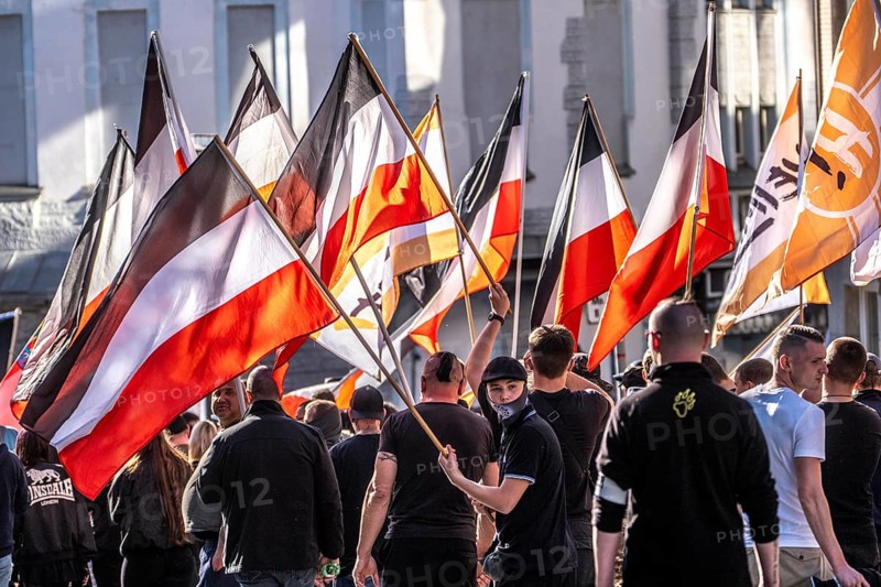 Party Die Heimat, successor of the NPD, demonstrates in downtown Essen on May 1, demands remigration of foreigners, Germany chants out the German foreigner, approx. 250 ultra-right followers of the party from all over Germany with trendy clothing, Essen, North Rhine-Westphalia, Germany