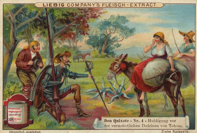 Picture series Don Quixote, Don Quixote kneeling in front of his supposed Dulcinea by Toboso, favorite picture, digitally restored reproduction of a collector's painting from around 1900, exact date unknown