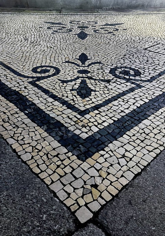 Black and white paving, Calçada Portugesa, traditional limestone and basalt mosaic paving, identity-creating cultural heritage, Porto, Portugal