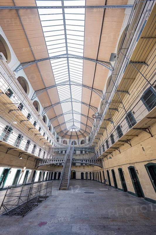 Wide prison interior with steel and glass structure, Kilmainham Gaol Prison, Dublin, Ireland