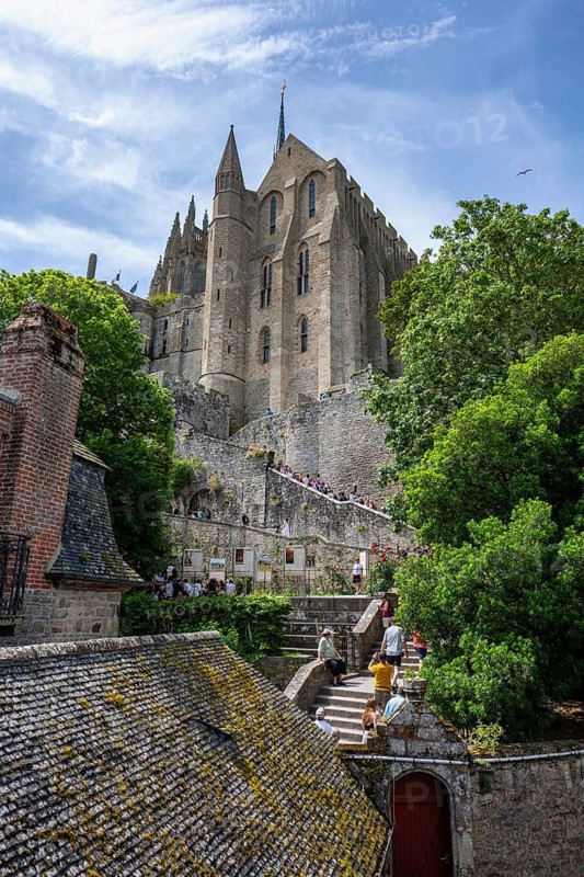 View over the stairway to Le Mont-Saint-Michel Abbey on Rocky Island, monastery island, tourist attraction, UNESCO World Heritage Site, Pontorson, Manche department, Normandy, France