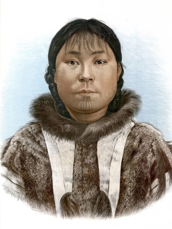 Historical portrait of an indigenous person from the Arctic, possibly an Inuit woman from Alaska or Canada, wearing a traditional fur parka, often made of reindeer skin, suitable for the arctic climate, school picture, illustration, reproduction from a 19th-century model. School picture, mural, authentic, file restored for optimal use, exact date of original unknown, historical