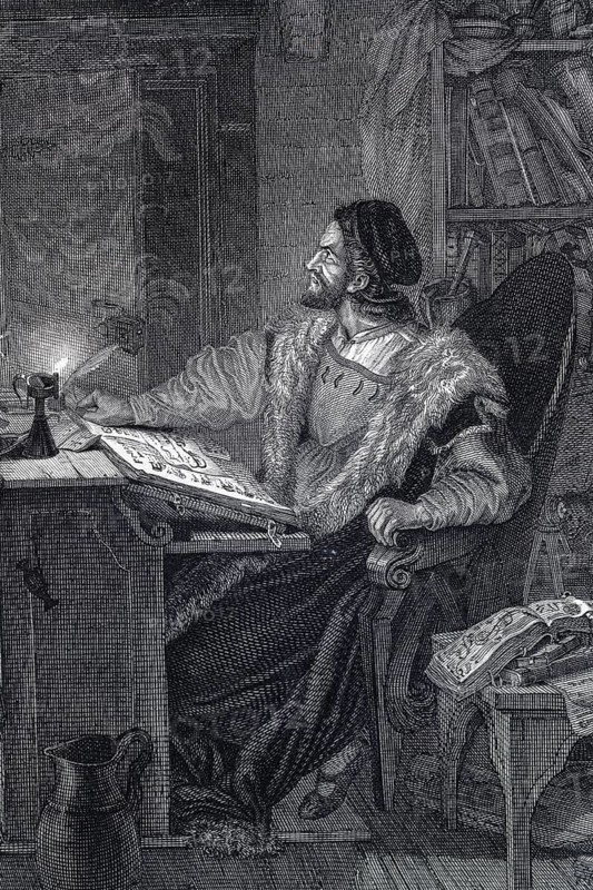 Detail from the work of art Faust by Ludwig Schnorr von Carolsfeld, Johann Wolfgang von Goethe, Goethe's Faust, illustration, painting, drawing, romance, German art, literature, world literature, tragedy, Mephistopheles, scholar, Gretchen, pact with the devil, Dr. Faust, myth, symbolism, art history, 19th century, historicism, dramatic scene, figure composition, light and shadow, classical literature, German romanticism, book illustration, chamber, desk, historical illustration 1854