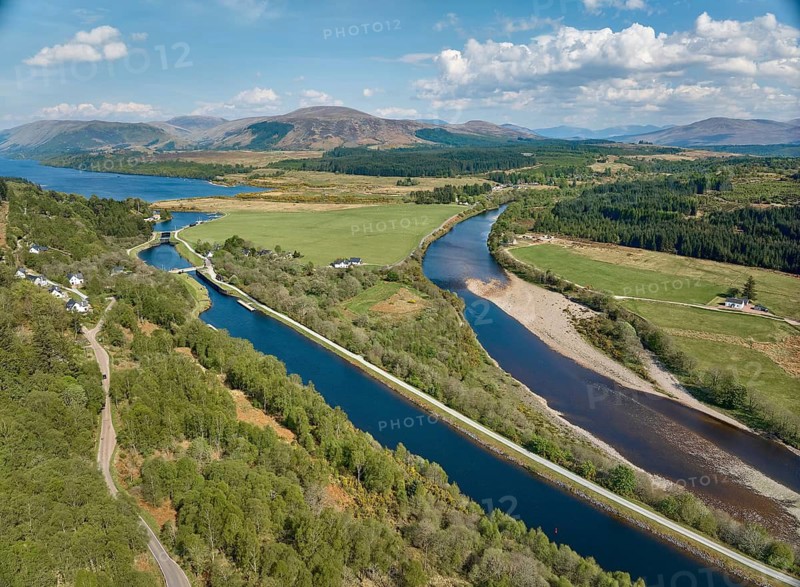 Aerial view of the caledonian canal in the Scottish Highlands near Fort William, Scotland, UK