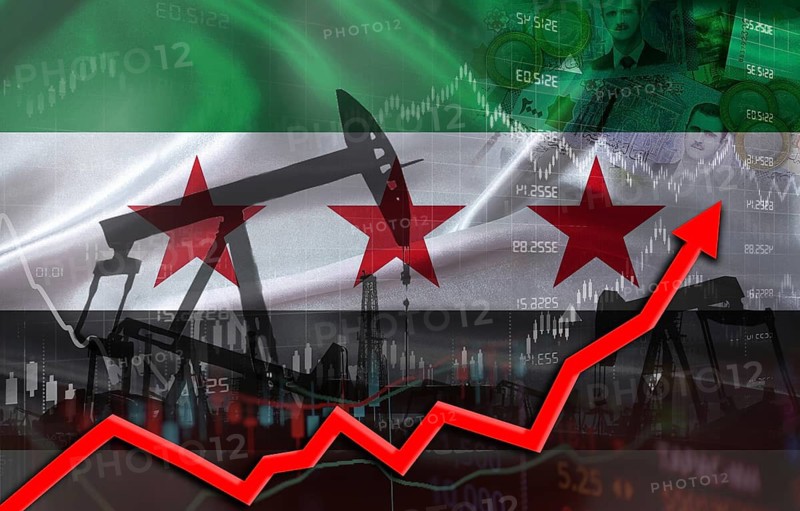 Oil production with Syrian flag, petrol industry. Oil pumps with Syria flag