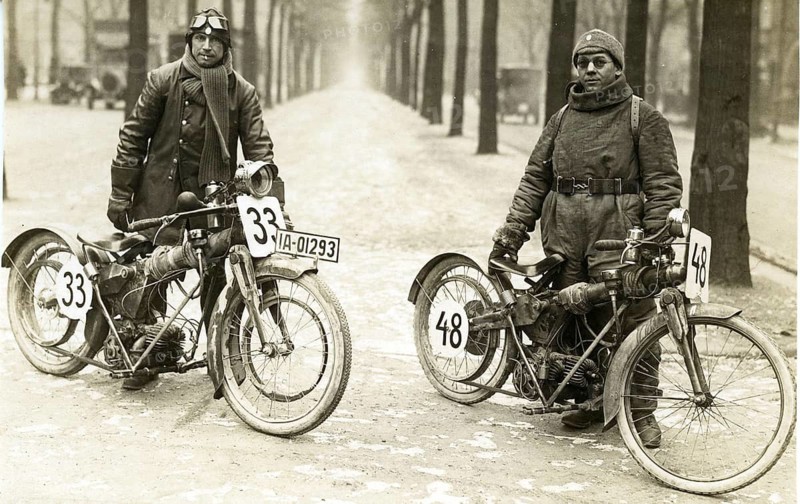 Motorcycle, racing machines, Berlin, in front of the start, AVUS race, Two men in winter clothes posing with their motorcycles on a street, Gerhard Riebicke, around 1928