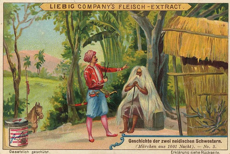 Picture series One Thousand and One Nights, story of the two envious sisters. The scene probably shows one of the princes meeting a dervish or sage. In search of magical objects, the hero must follow the instructions of an old man, Liebigbild, digitally restored reproduction of a collector's painting from around 1900, exact date unknown