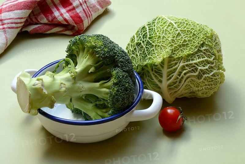 Savoy cabbage, and broccoli in pot