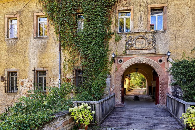 An archway in the castle covered with ivy leading to a courtyard, Tonndorf Castle in the Weimar region of Thuringia