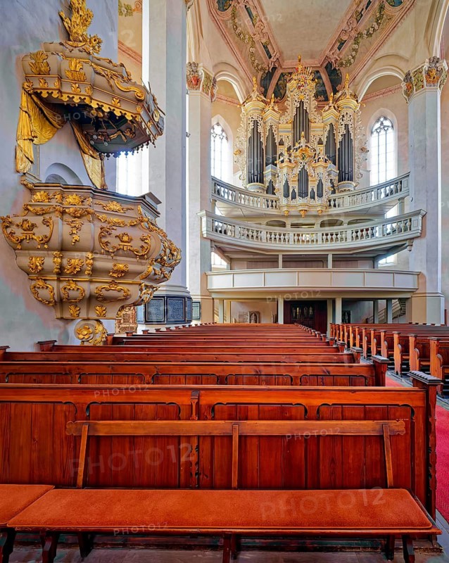 Naumburg Evangelical Lutheran City Church St. Wenzel, interior with pulpit and view of the gallery with Hildebrandt organ, interior photo, market square, Naumburg, Saxony-Anhalt, Germany