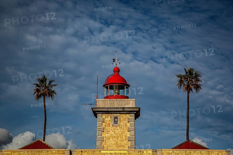 A lighthouse with red roofs and two palm trees against a cloudy, blue sky, Farol da Ponta da Piedade lighthouse, Lagos, Algarve, Portugal