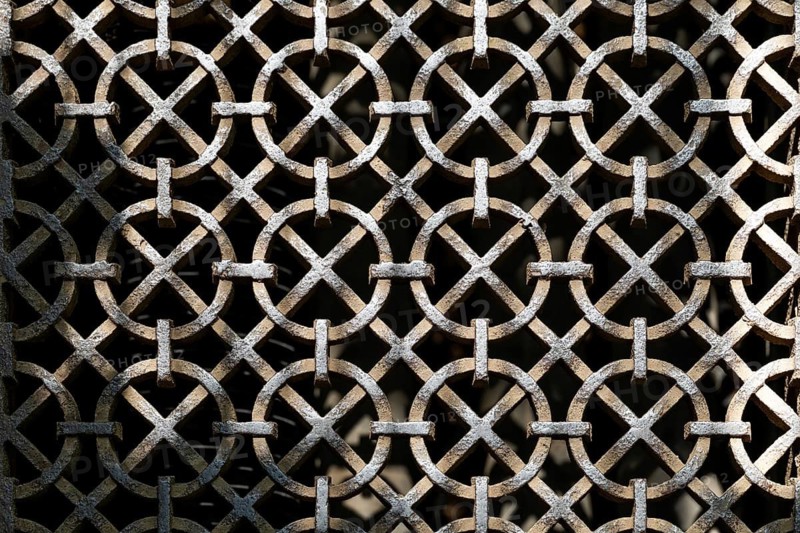 Ornate wrought iron grid, greenhouse, Chelsea Physic Garden, historic botanical garden, oldest botanical garden in London, founded in 1673 by the Worshipful Society of Apothecaries, Chelsea, England, Great Britain
