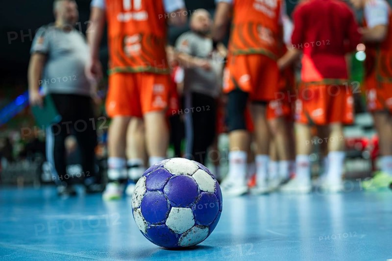 The ball on the court during a break of the handball match in Lubin, Poland