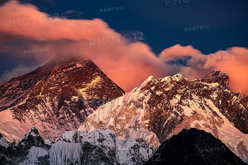 View from Renjo La Pass 5360 m, of Mount Everest and Lhotse in the evening light, Solu Khumbu, Himalayas, Nepal