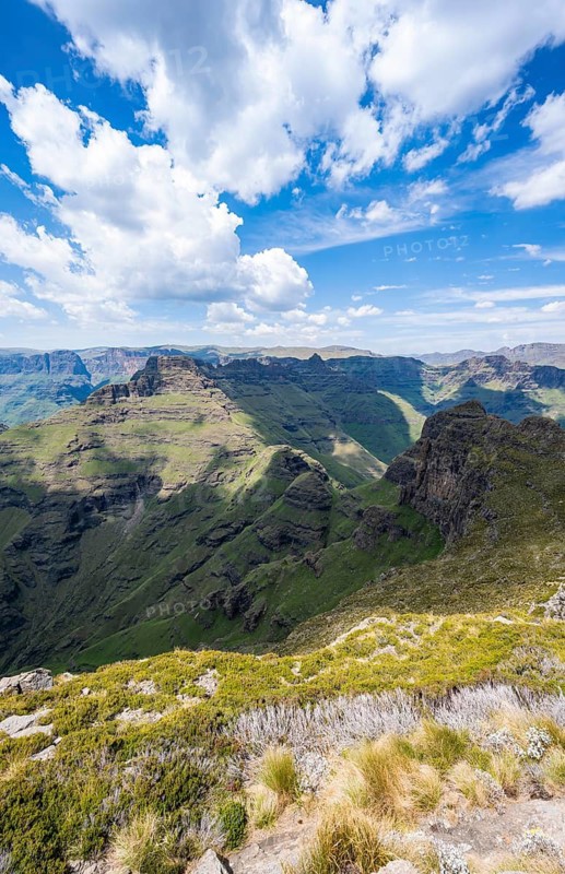 Mountain landscape of the Cathedral Range, view from Cathedral Peak or Cathedralpiek or Mponjwana, Drakensberg Mountains, KwaZulu-Natal, South Africa