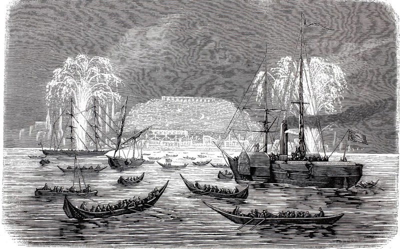 Illuminations and fireworks in the port of Constantinople, Istanbul, in honor of the visit of the French Empress Eugénie in October 1869, illustration, reproduction from a 19th-century model. Authentic, file restored for optimal use, exact date of submission unknown, historical