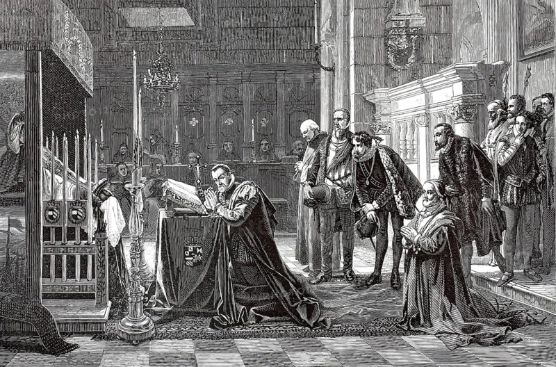 The kneeling ruler in the foreground is depicted as King Philip II (Felipe II) . He spent the last months and weeks of his life seriously ill in the Monasterio de El Escorial. A solemnly laid out bed with burning candles can be seen on the left. This symbolises Philip's deep piety, his intense preparation for his own death and the constant wakes and masses he had held for deceased family members, illustration, reproduction from a 19th century model. Authentic, file restored for optimal use, exact date of original unknown, Historical
