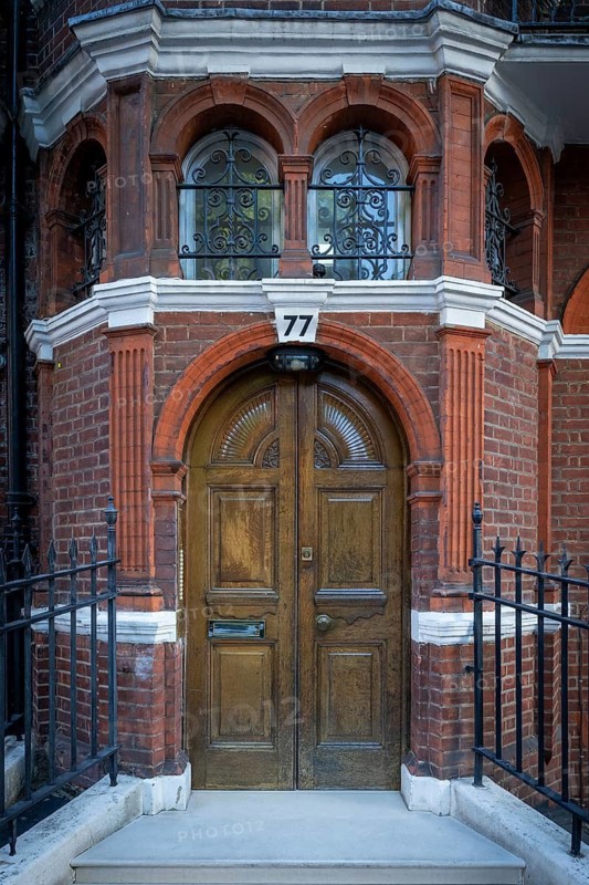 Elaborately designed house entrance, Victorian brick town house, Cadogan Gardens, Borough of Chelsea and Kensington, London, England, Great Britain