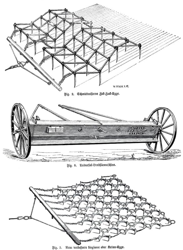 Agricultural equipment, wrought iron zigzag harrow, universal porridges machine, new improved flexible or chain harrow, economy, loosening soil, field, sowing, sowing, company, joint stock company, H.F. Eckert, Berlin, work, mechanization, mechanics, technology, historical illustration 1891