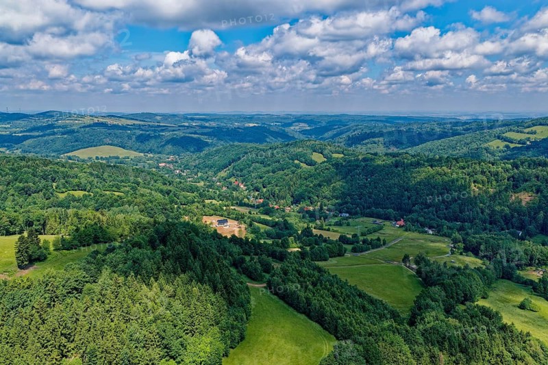 Landscape on the Owl Mountains, Gory Sowie, part of the Silesian Central Sudetes in southwestern Poland. aerial view. Hohe Owl, Lubachow, Silesia, Poland