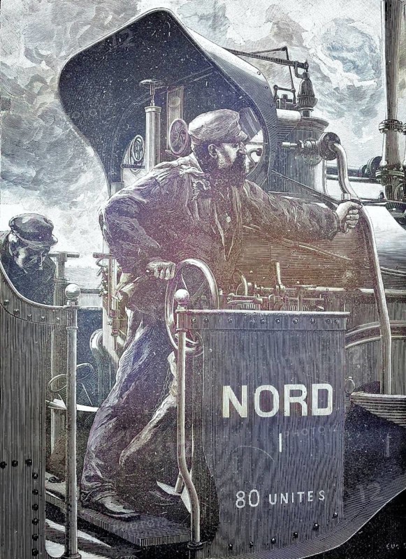 Steam train driver and his heater working in the driver's cab. On the boiler of the locomotive, you can see the word NORD, which refers to the French railway company Compagnie des chemins de fer du Nord, a reproduction of a model from the 19th century. Authentic, file restored for optimal use, exact date of original unknown, nostalgically colored