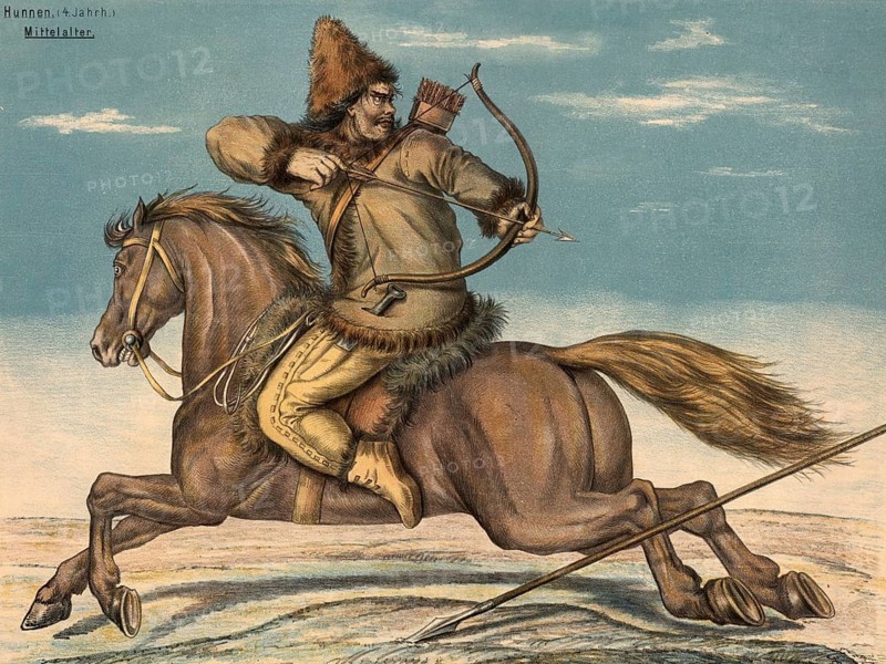 Hun, equestrian archers from the 4th century, wrapped in fur-trimmed clothing, wears a fur hat and aims with a composite bow. He has a full quiver of arrows on his back. On the ground lies a long lance, which was also one of the Huns' main weapons, school picture, illustration, reproduction from a model from the 19th century. School picture, mural, authentic, file restored for optimal use, exact date of original unknown, historical