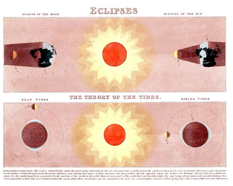 The diagram illustrates two fundamental astronomical phenomena: eclipses in the upper half and the theory of the tides in the lower half. The English text explains that the water directly beneath the Moon is raised by its gravitational pull. As the Earth rotates on its axis once every 24 hours, every point on its surface experiences two high tides each day. When the Sun and Moon are in conjunction, this effect is amplified, resulting in what are known as spring tides. Historical school picture or wall hanging from around 1900, high-quality reproduction
