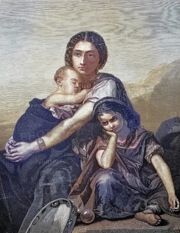 Scene shows a woman holding a sleeping child while another child is sitting next to her. Gypsy woman with two children, melancholy scene showing a seated mother traveling with her two children. In the foreground is a tambourine on the ground, 1870, illustration, reproduction from a model from the 19th century. Authentic, file restored for optimal use, exact date of original unknown, historical, colored